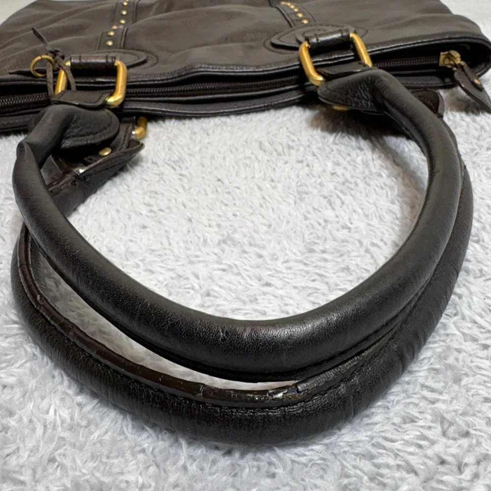 Rolfs Tote Bag Women Large Dark Brown Leather Studded Gold Hardware Shoulder Bag